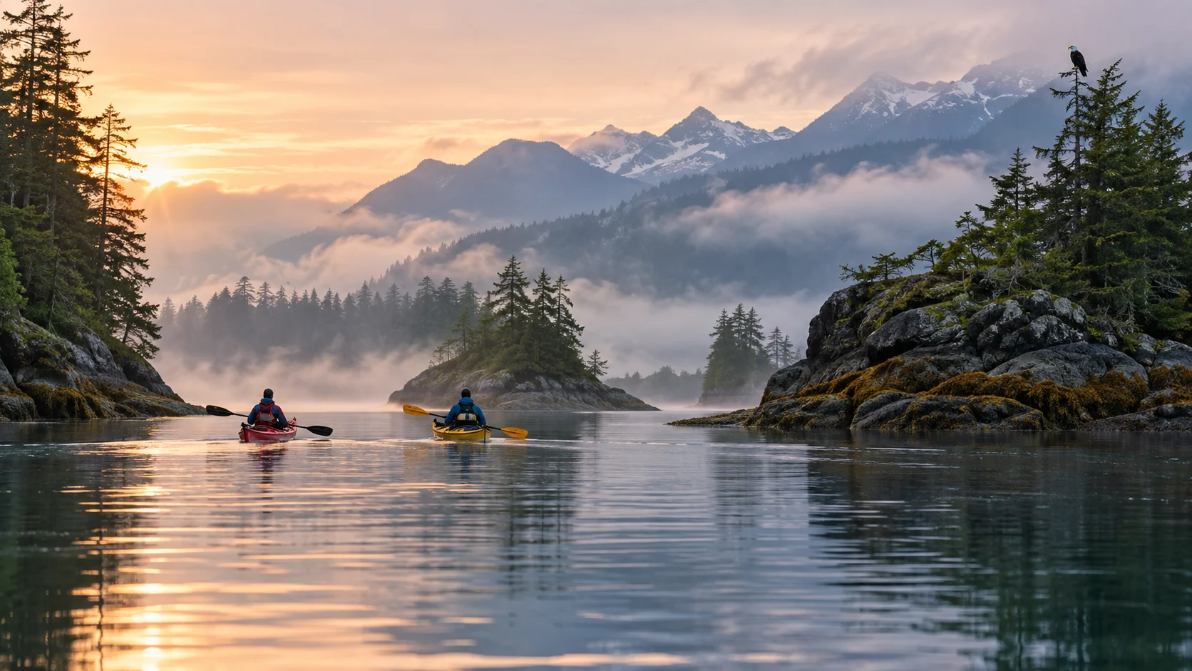 Two sea kayakers paddling between forested islands near Ketchikan at sunrise