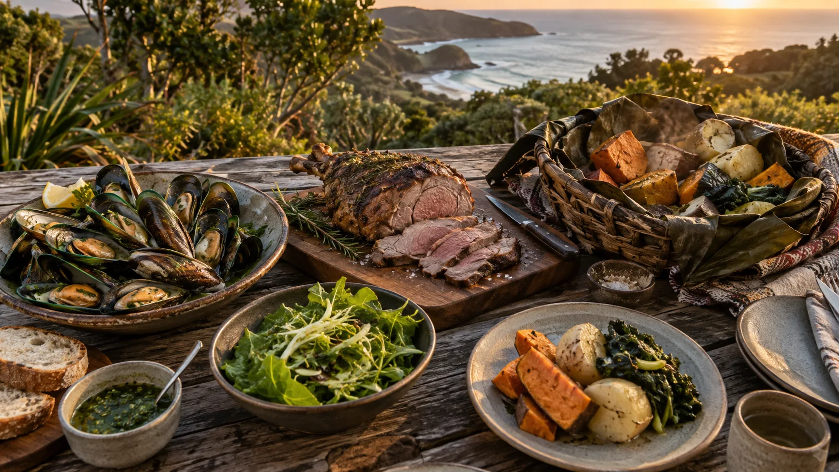 Green-lipped mussels, roast lamb, kumara and hangi vegetables on an outdoor table
