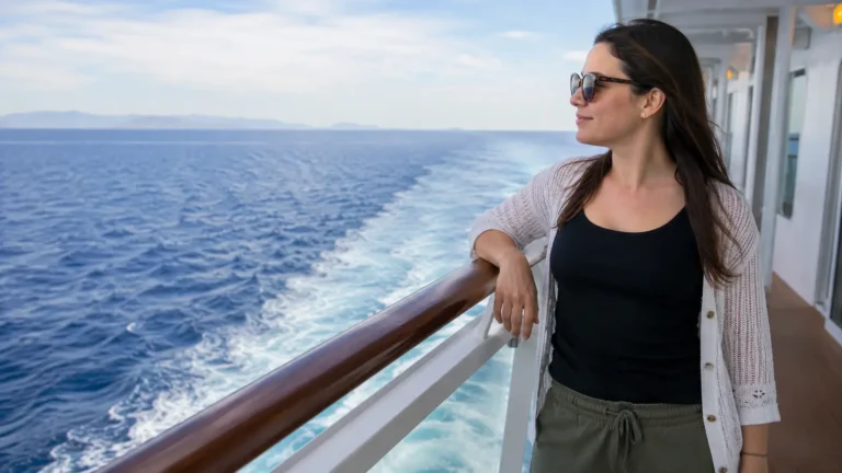Woman standing at a cruise ship railing looking toward the ocean horizon
