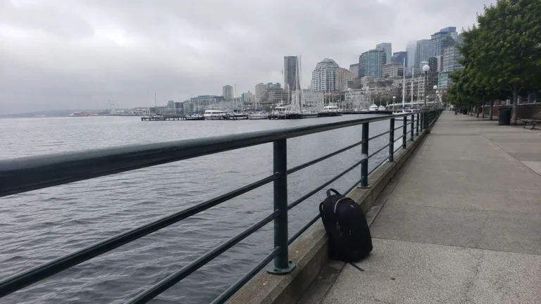 Backpack beside a waterfront railing with Seattle's skyline beyond.