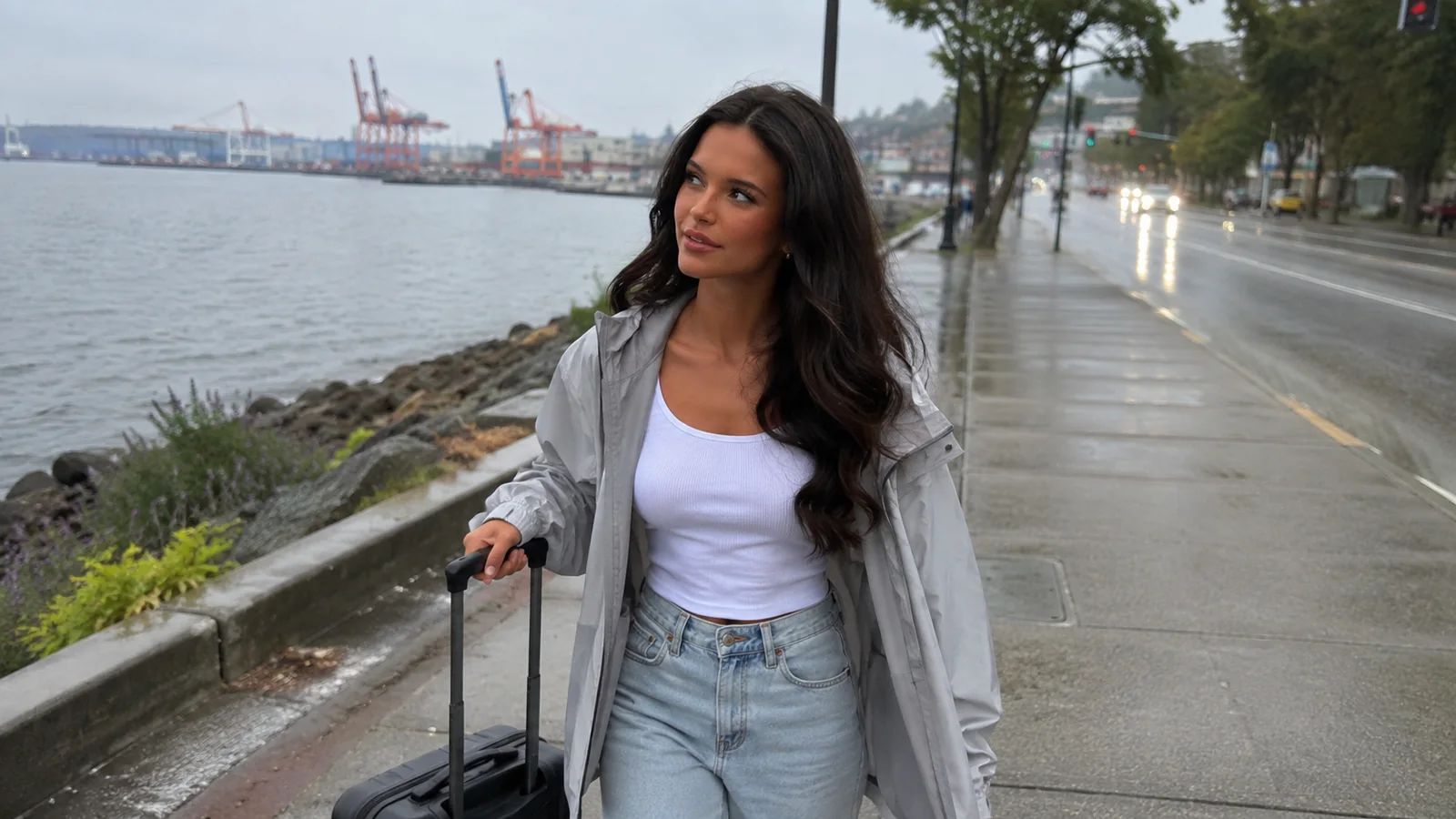 Woman pulling a suitcase along a wet waterfront sidewalk.
