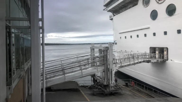 Gangway connects a terminal to the side of a docked cruise ship.