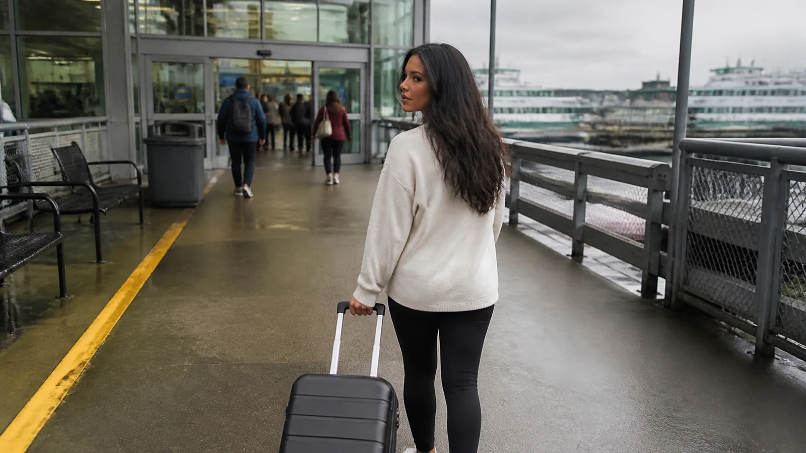 Woman pulls a suitcase along a covered waterfront terminal walkway.