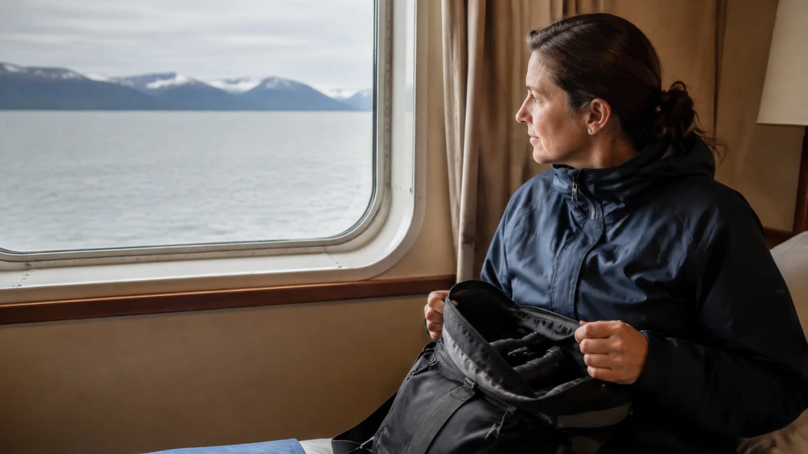 Passenger sits beside a ship window overlooking water and distant mountains.