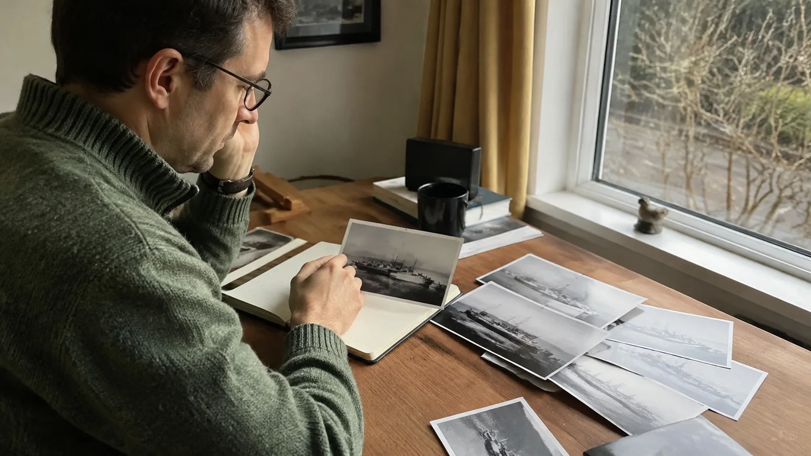 Researcher comparing ship photographs and documents at a desk.