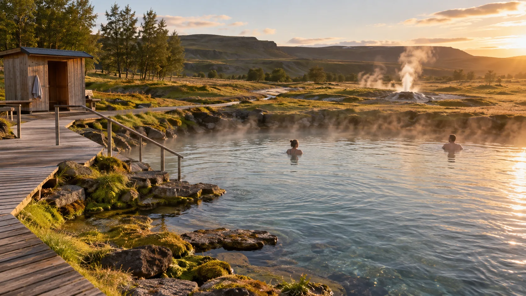 Rustic geothermal pool and steaming geyser at Secret Lagoon in Flúðir