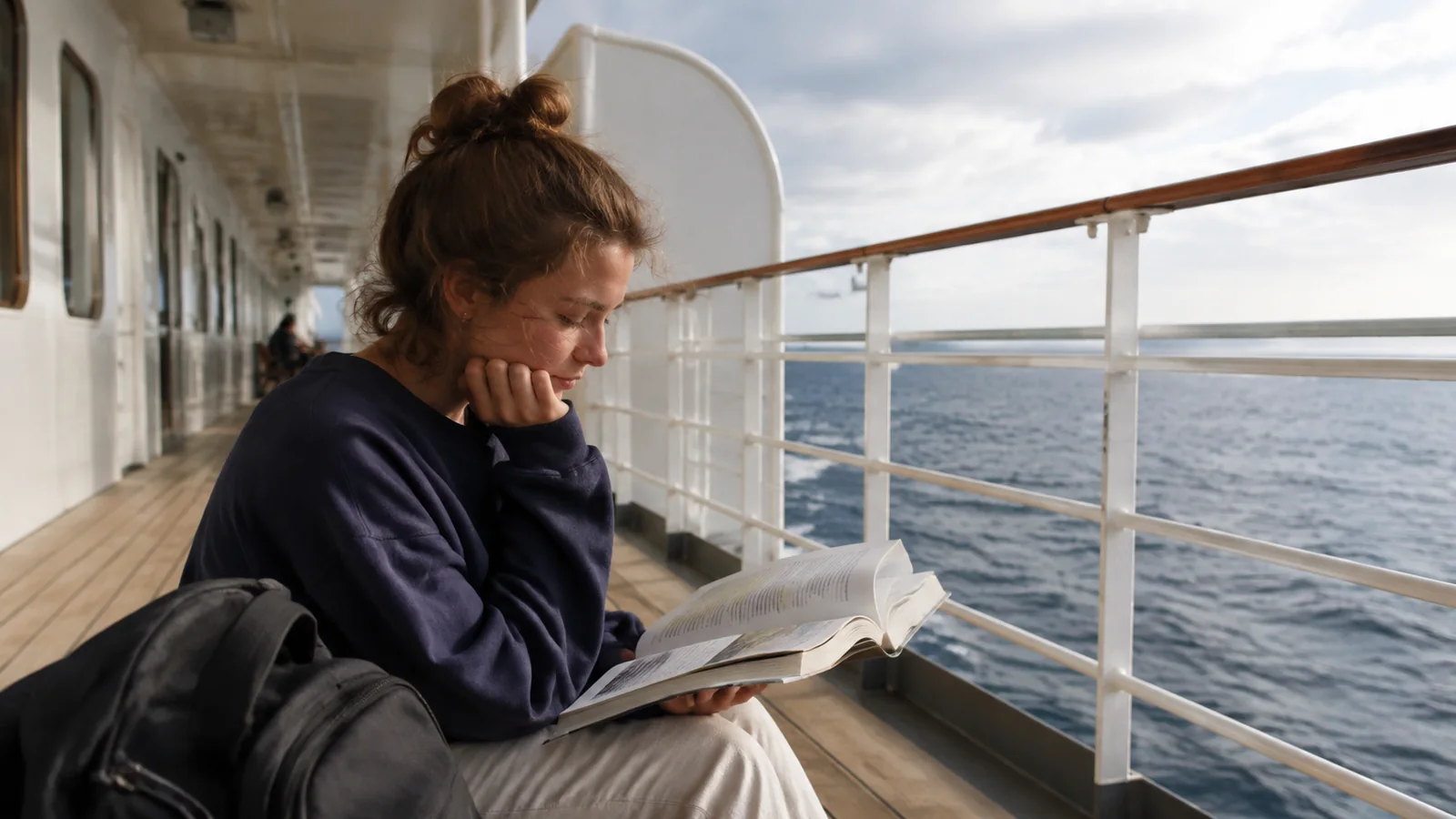 Student reading a textbook on a covered ship deck.