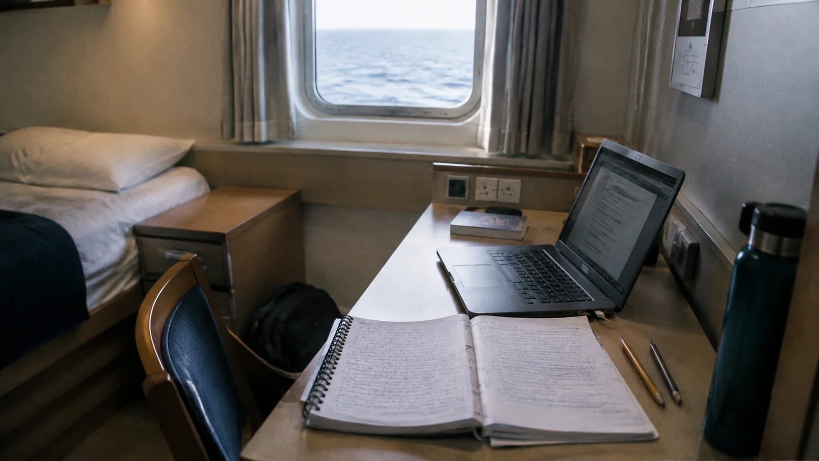 Laptop and open notebook on a desk in a compact cabin.