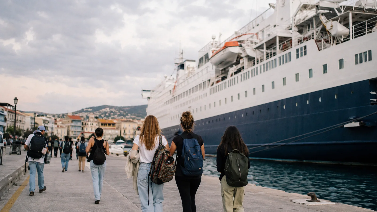 Students with backpacks walking toward a docked passenger ship.
