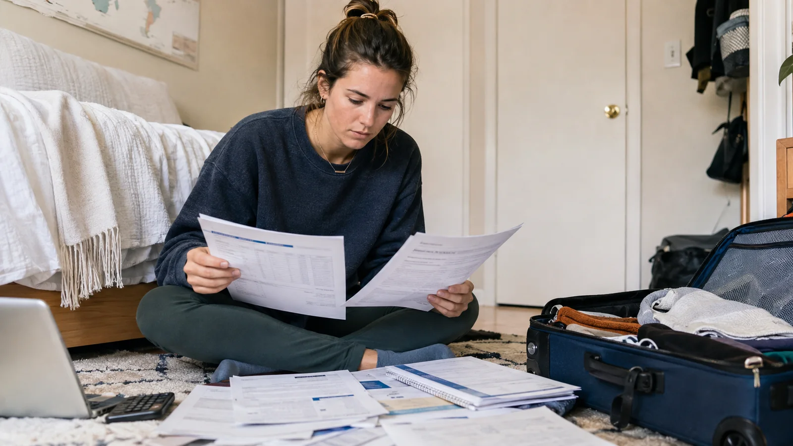 Student sorting paperwork beside an open suitcase.