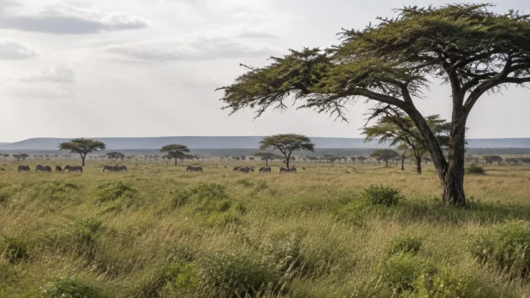 Flat grassy savanna dotted with broad-canopied trees beneath a cloudy sky.