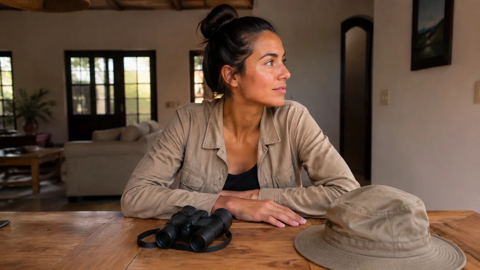 Woman seated at a wooden table with binoculars and a sun hat.