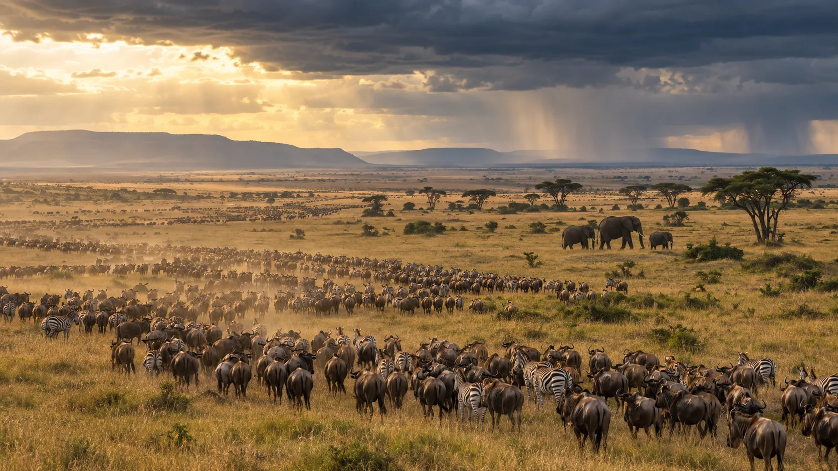 Wildebeest and zebra migrate across golden savanna under stormy light in Serengeti National Park.