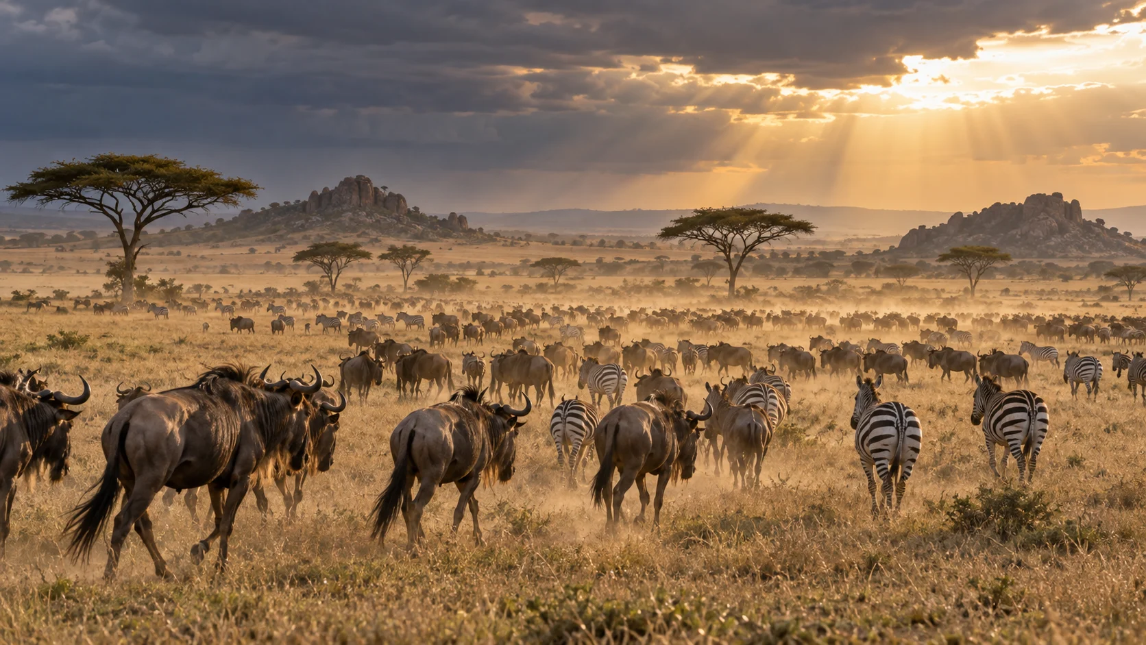 Wildebeest and zebra migration crossing Tanzania's Serengeti beneath dramatic storm light