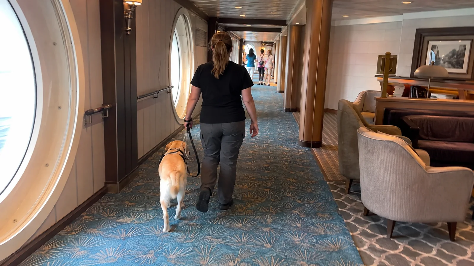 Woman walking a harnessed dog along a carpeted ship corridor.