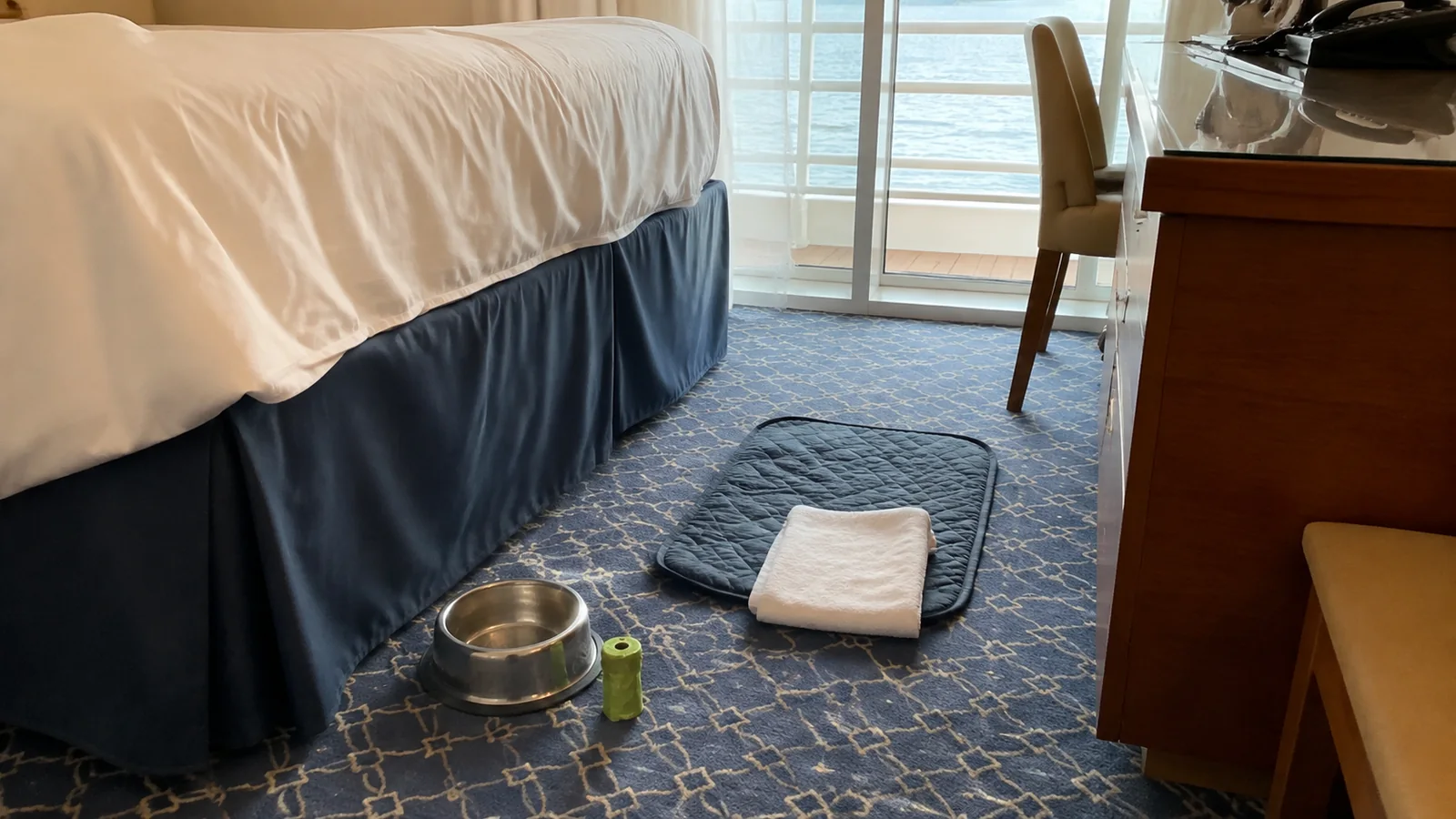 Dog bowl, padded mat, and folded towel on a cabin floor.