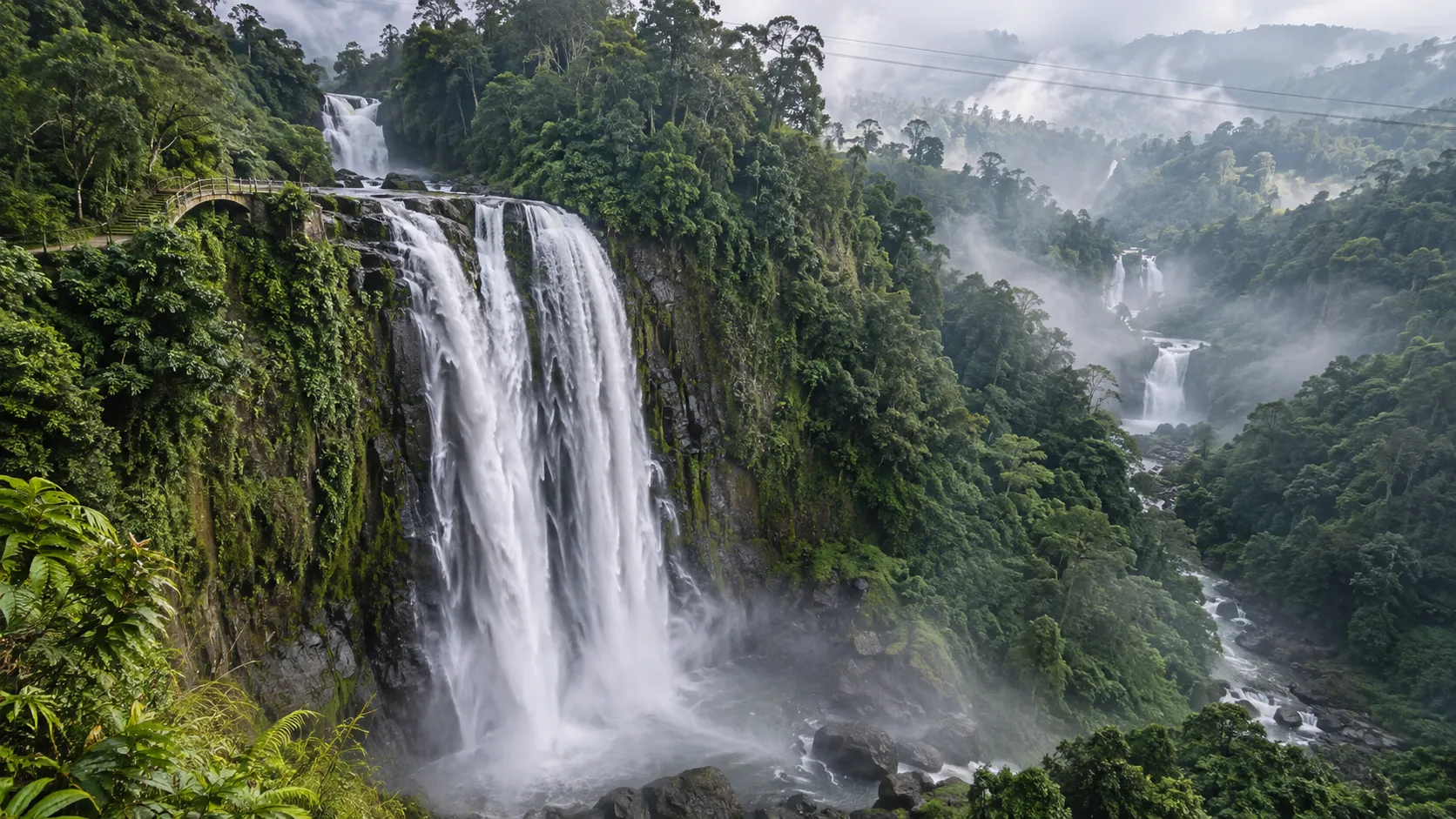 Hikong Bente waterfall and neighboring cascades surrounded by misty rainforest at Lake Sebu's Seven Falls.