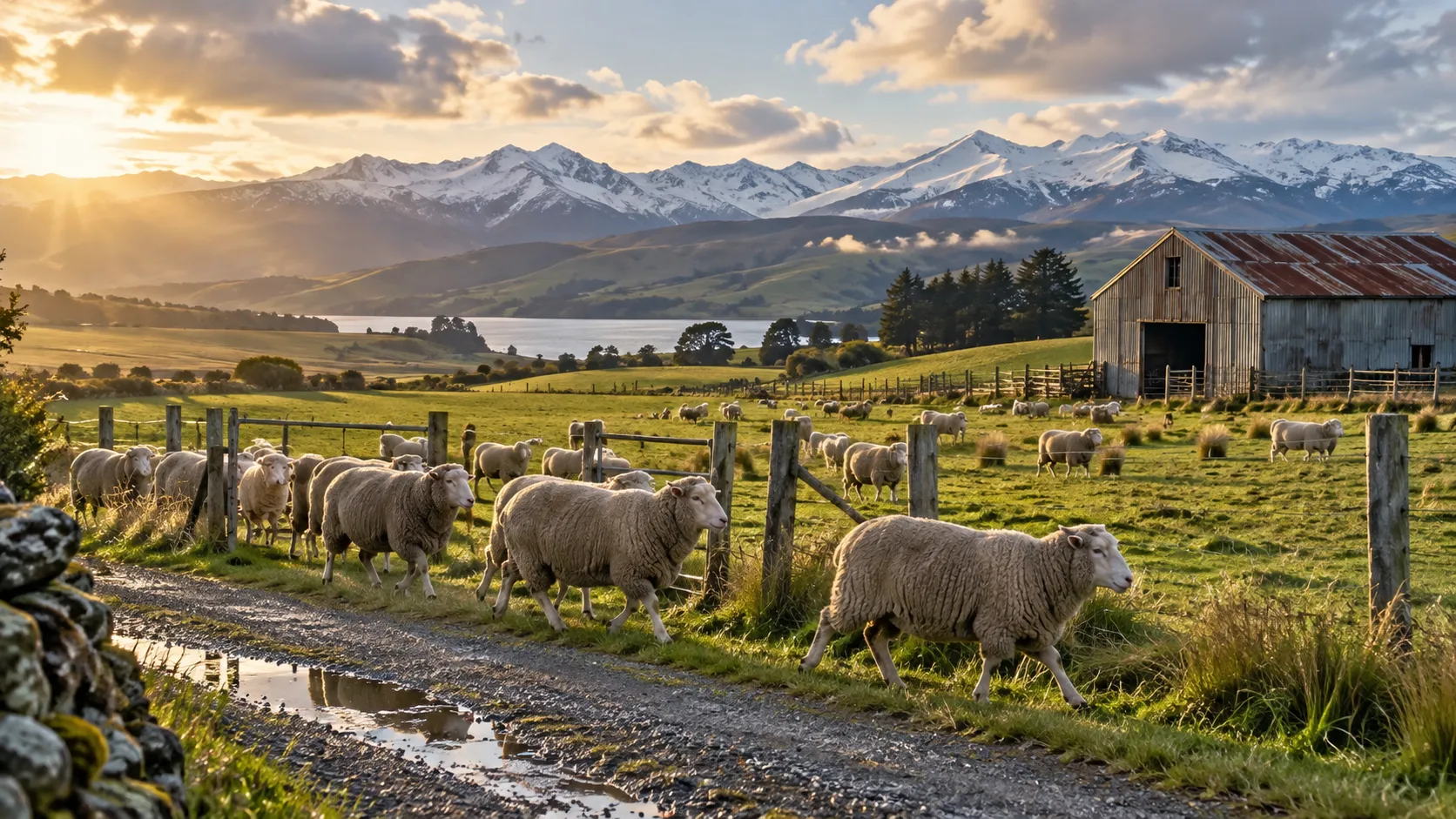 Merino sheep crossing green Otago pasture beside an old wool shed and snowy mountains