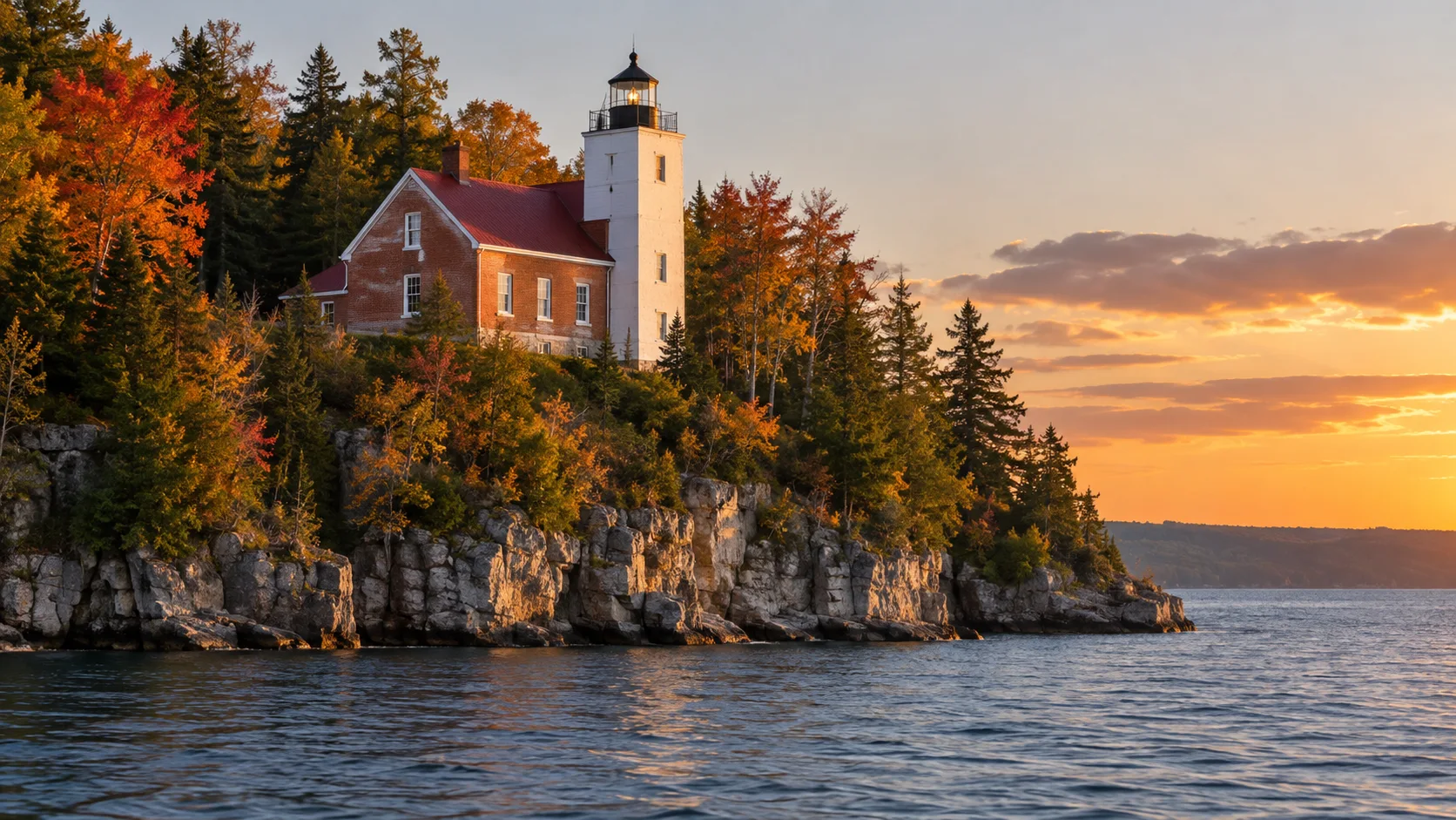 Sherwood Point Lighthouse on a wooded limestone bluff in autumn