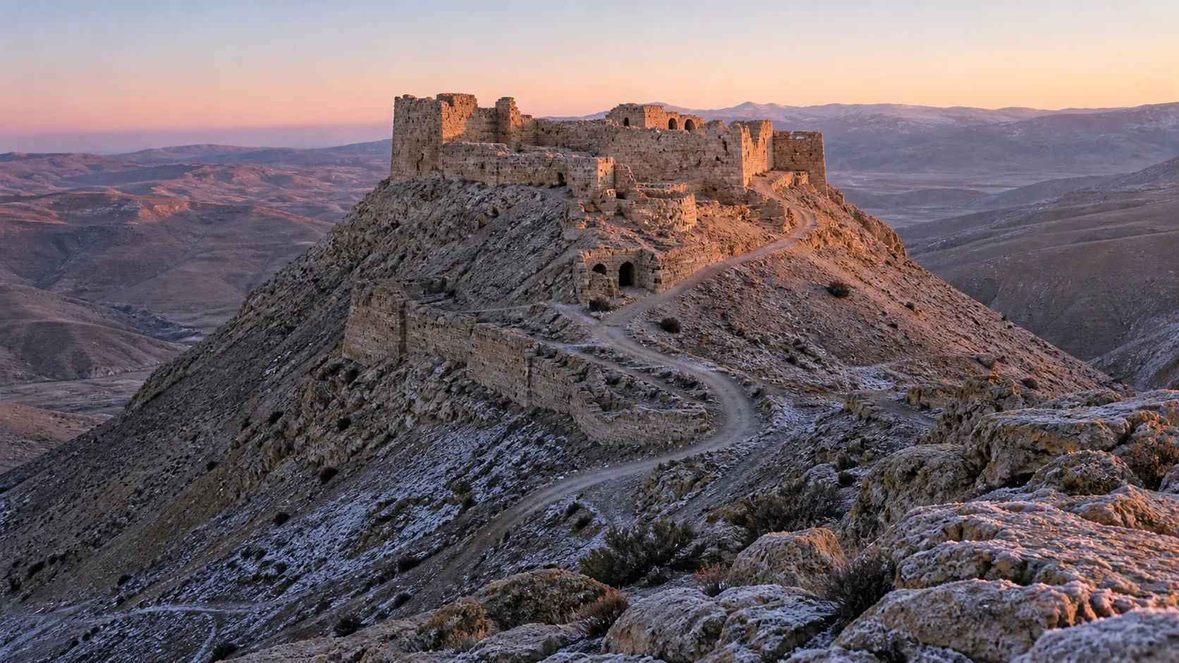 The ruins of Shobak Castle atop a solitary frost-dusted ridge in southern Jordan at dawn.