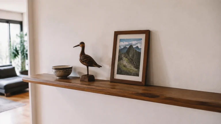 Framed mountain photograph, carved bird, and small bowl displayed on a wooden shelf.