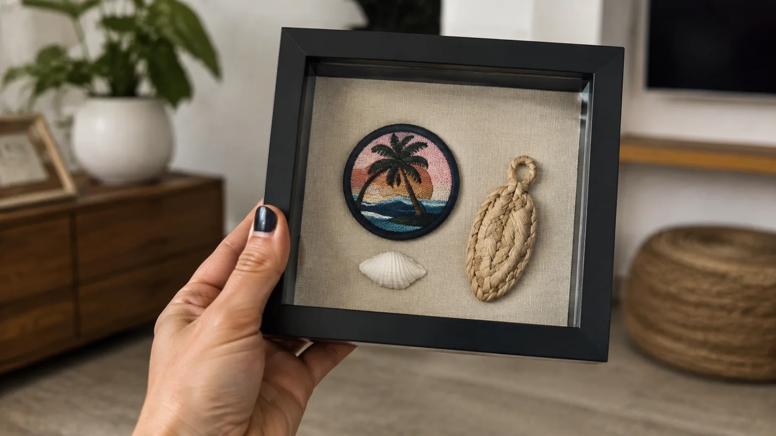 Hands holding a shadow box containing a palm-tree patch, shell, and braided cord.