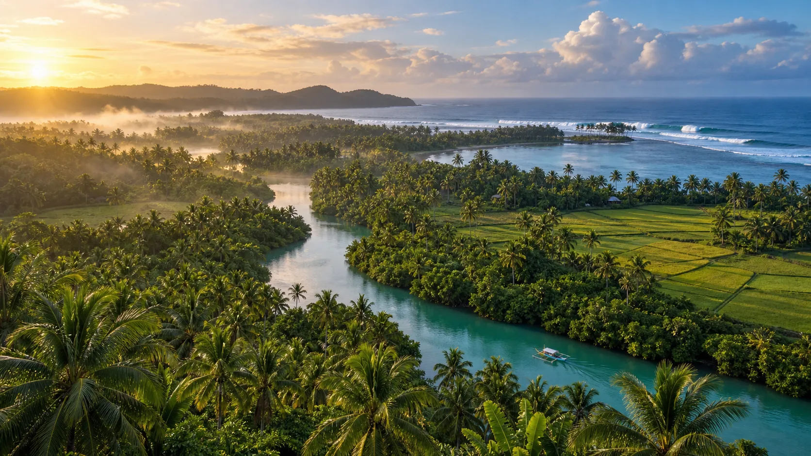 A winding emerald river crossing Siargao's palm forest and rice fields toward the Pacific.