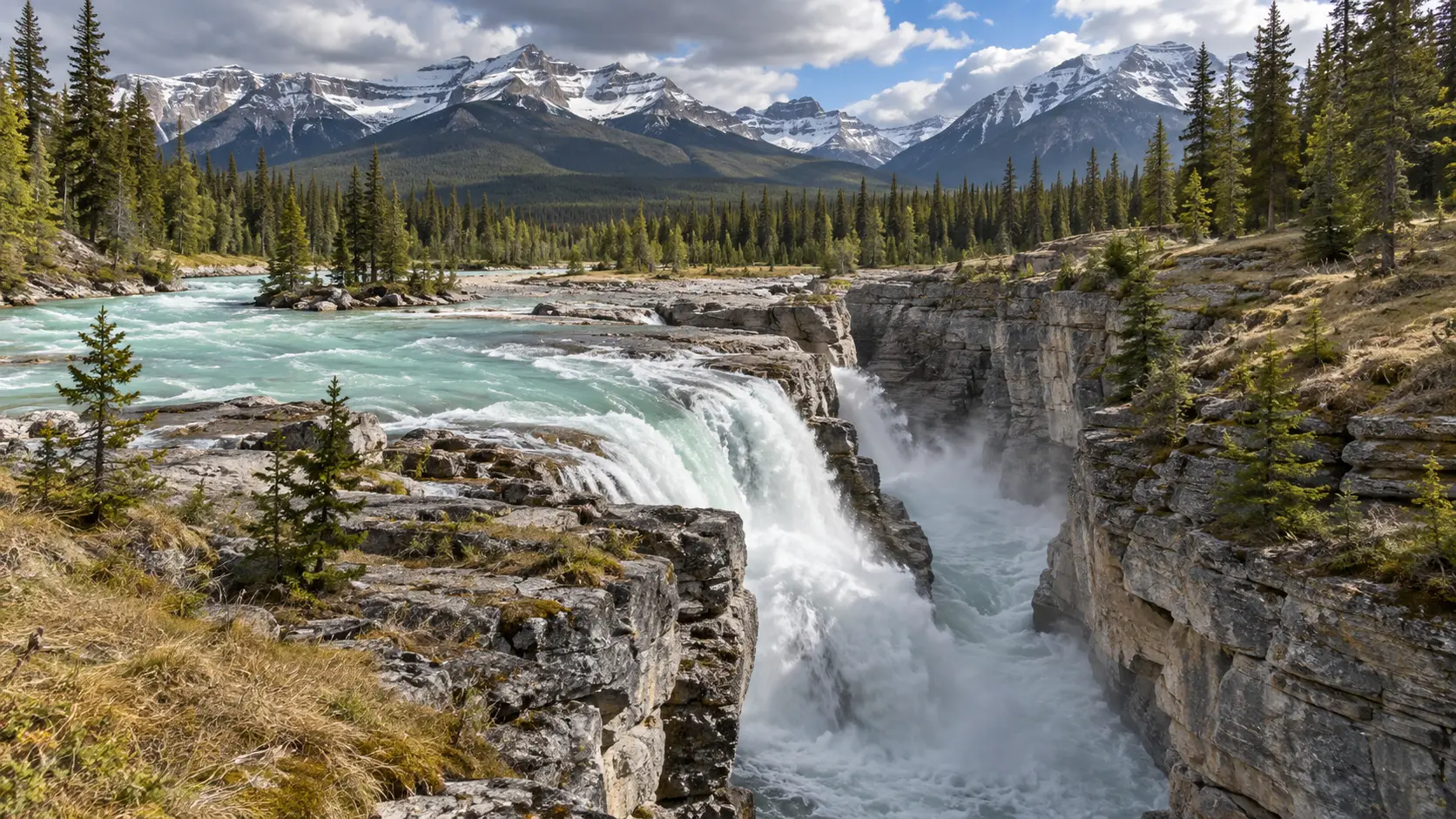 The turquoise Siffleur River plunges into a narrow limestone gorge beneath the Rockies.