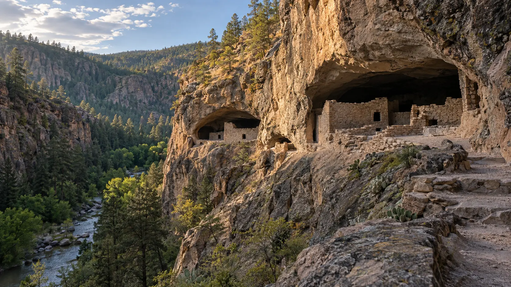 Historic Gila Cliff Dwellings above a pine-filled canyon near Silver City, New Mexico