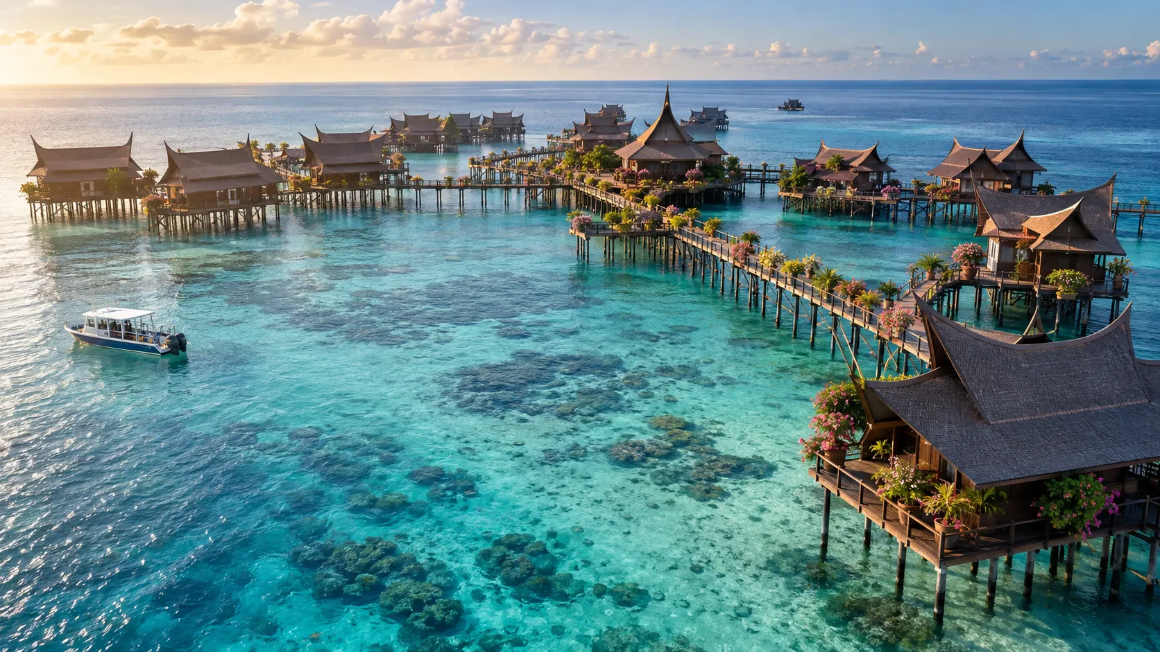 Sipadan Kapalai Dive Resort chalets and branching boardwalks above a shallow turquoise reef.