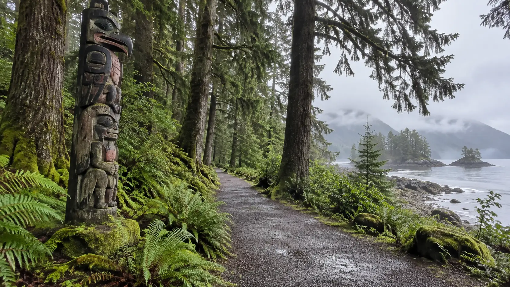 Coastal rainforest trail and carved totem pole in Sitka National Historical Park.