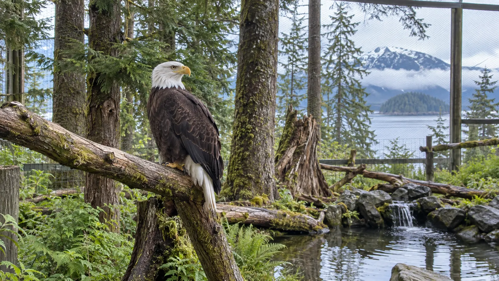 Rescued bald eagle in a forested rehabilitation enclosure at the Alaska Raptor Center.