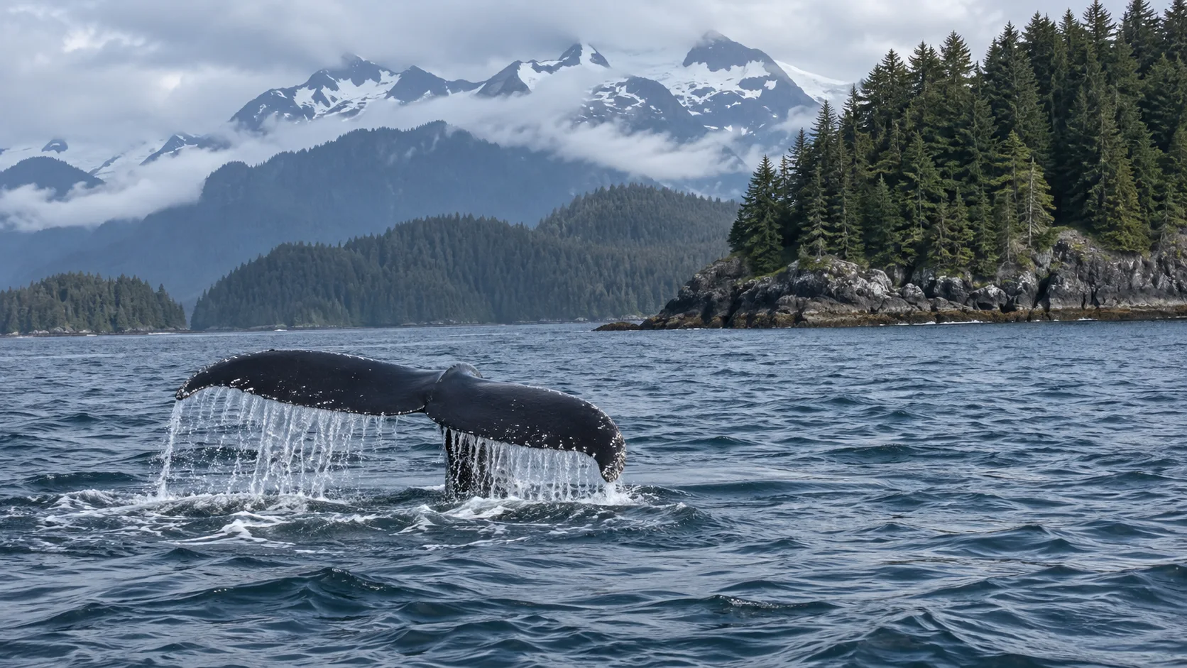 Humpback whale tail in Sitka Sound with forested islands beyond.