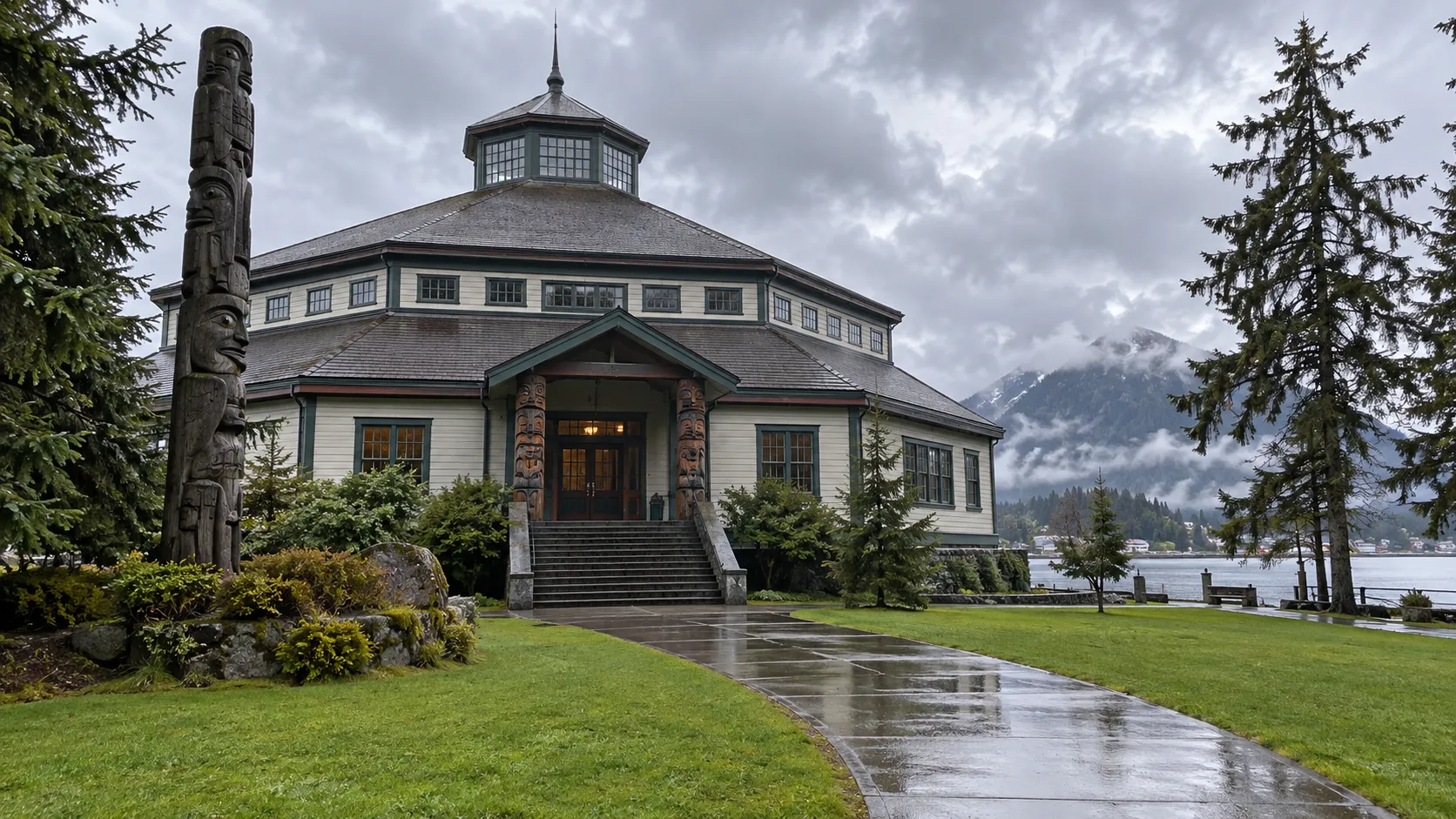 Historic octagonal Sheldon Jackson Museum beneath a cloudy Sitka sky.