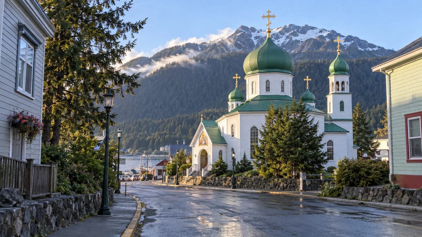 Green-domed St. Michael’s Cathedral in downtown Sitka.