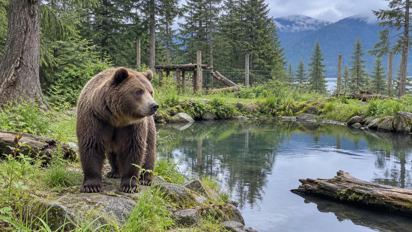 Rescued brown bear beside a wooded pool at Fortress of the Bear.