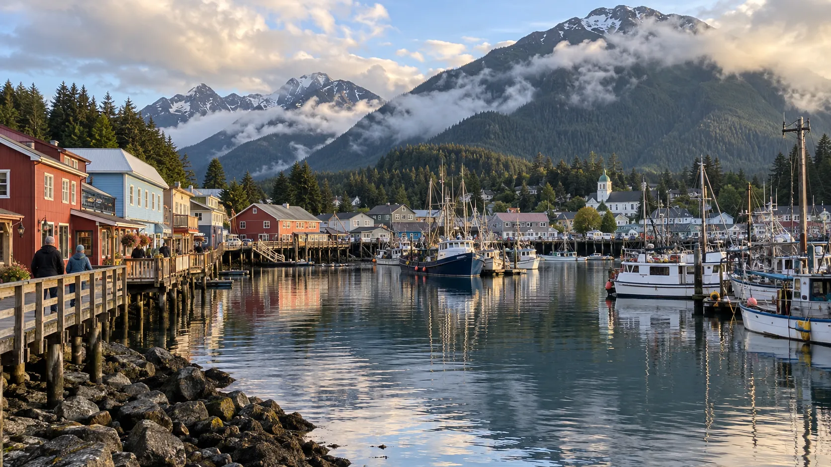 Fishing boats and colorful waterfront buildings in downtown Sitka harbor.