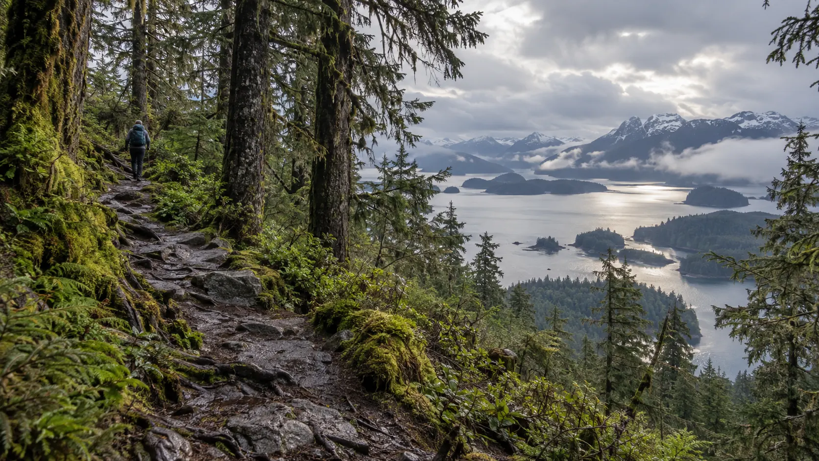 Mossy rainforest trail climbing toward a coastal overlook near Sitka.