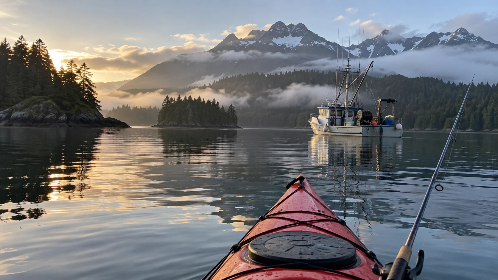 Sea kayak and fishing boat among the forested islands of Sitka Sound.