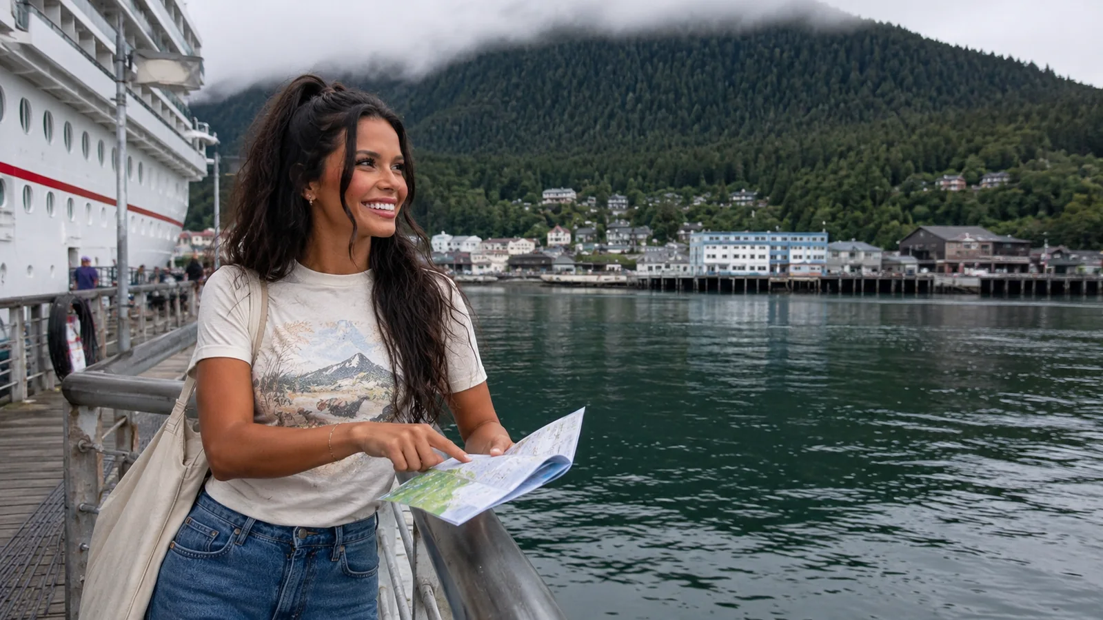 Woman holding a map at a mountain harbor beside a cruise ship