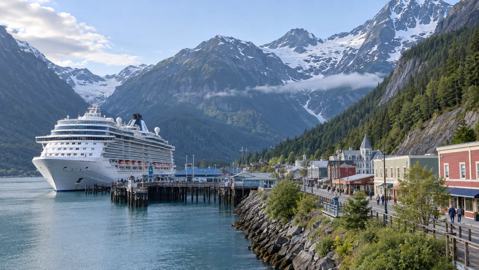 Cruise ship docked beside Skagway and its mountain fjord