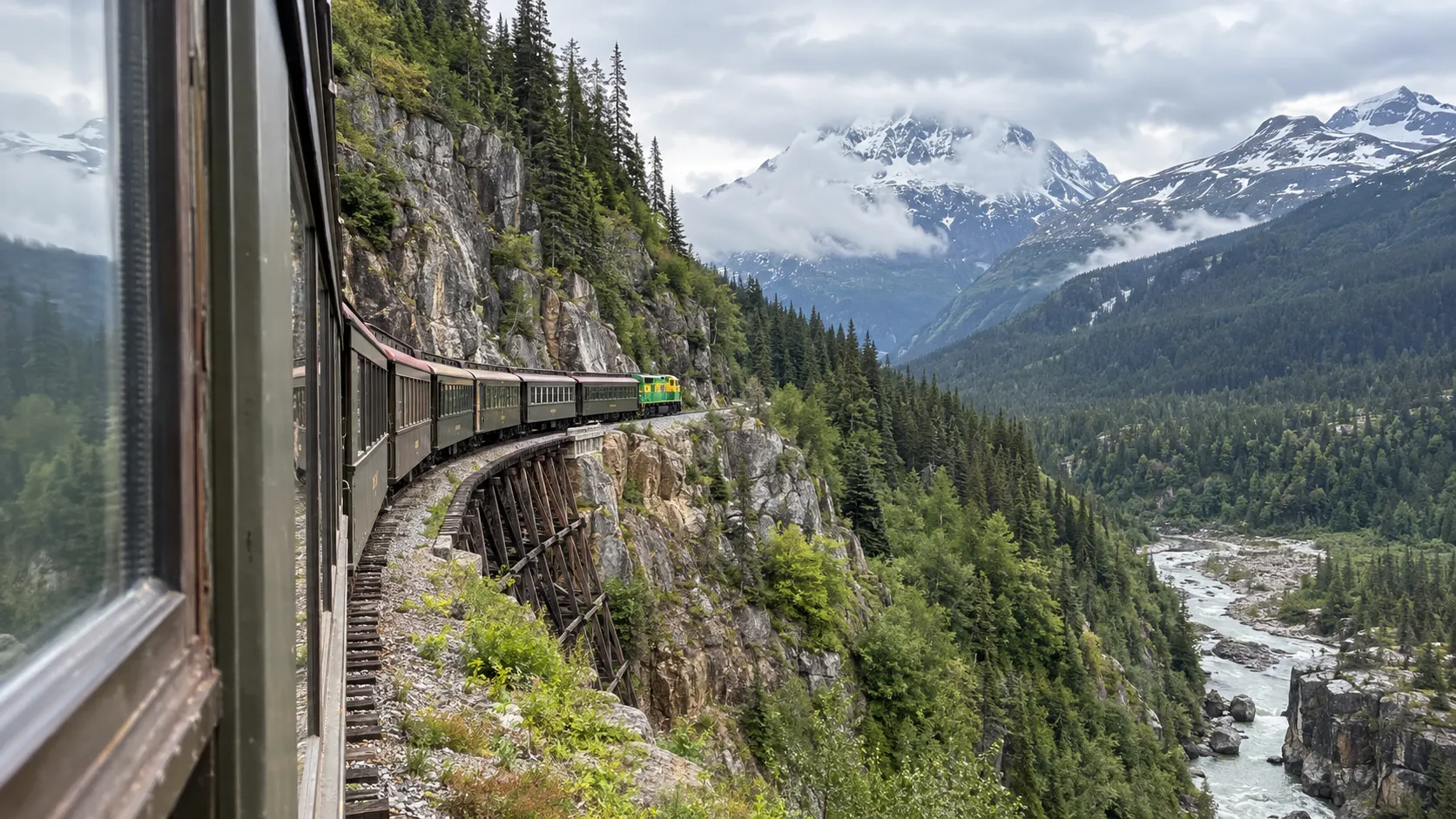 White Pass train curving above a mountain river valley