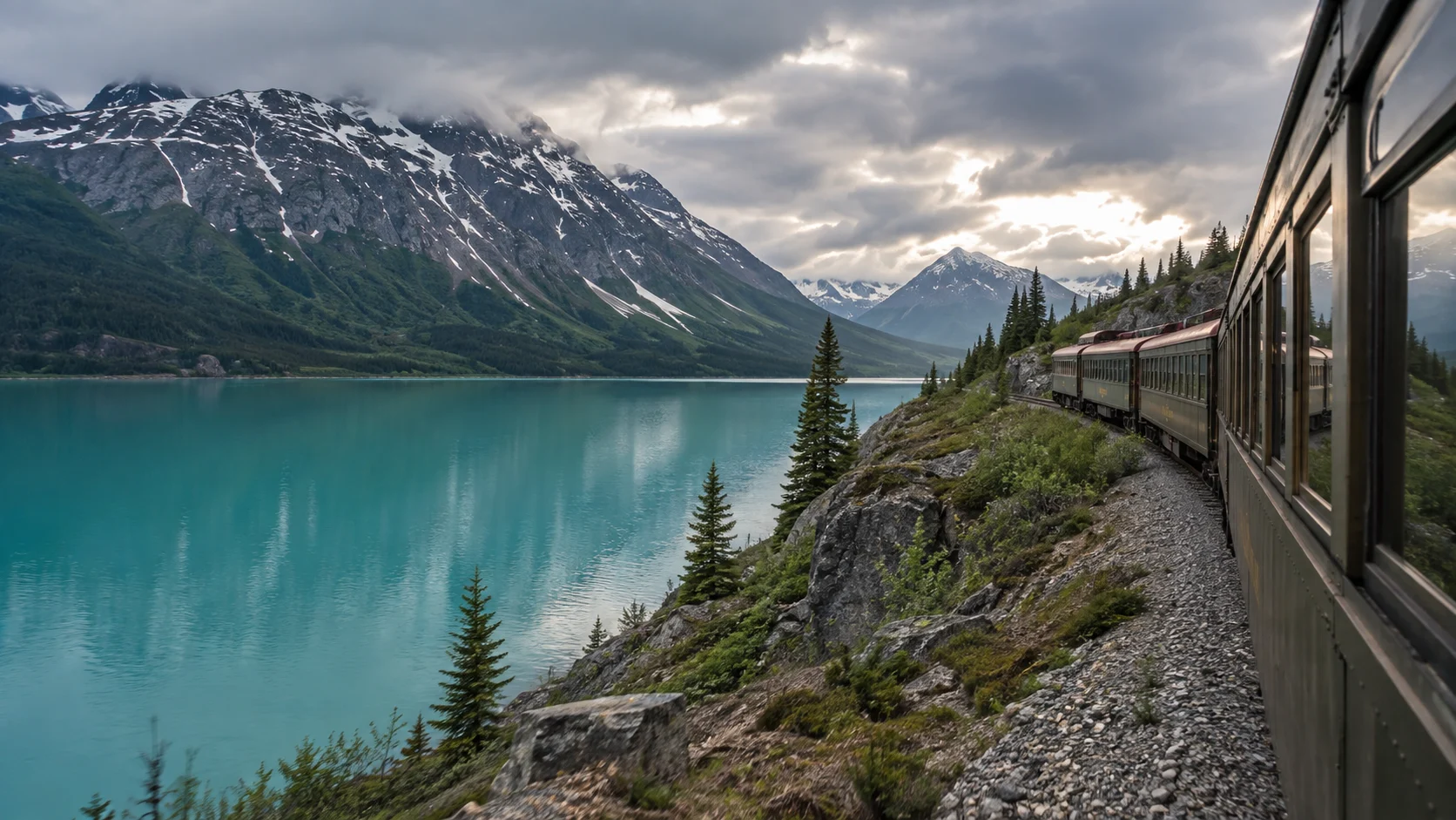 White Pass train beside turquoise Bennett Lake