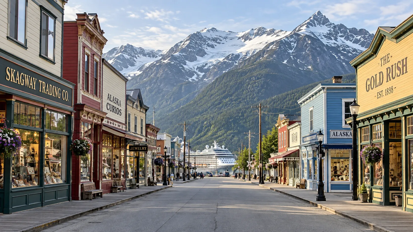 Historic Broadway in Skagway with mountains and cruise ship beyond
