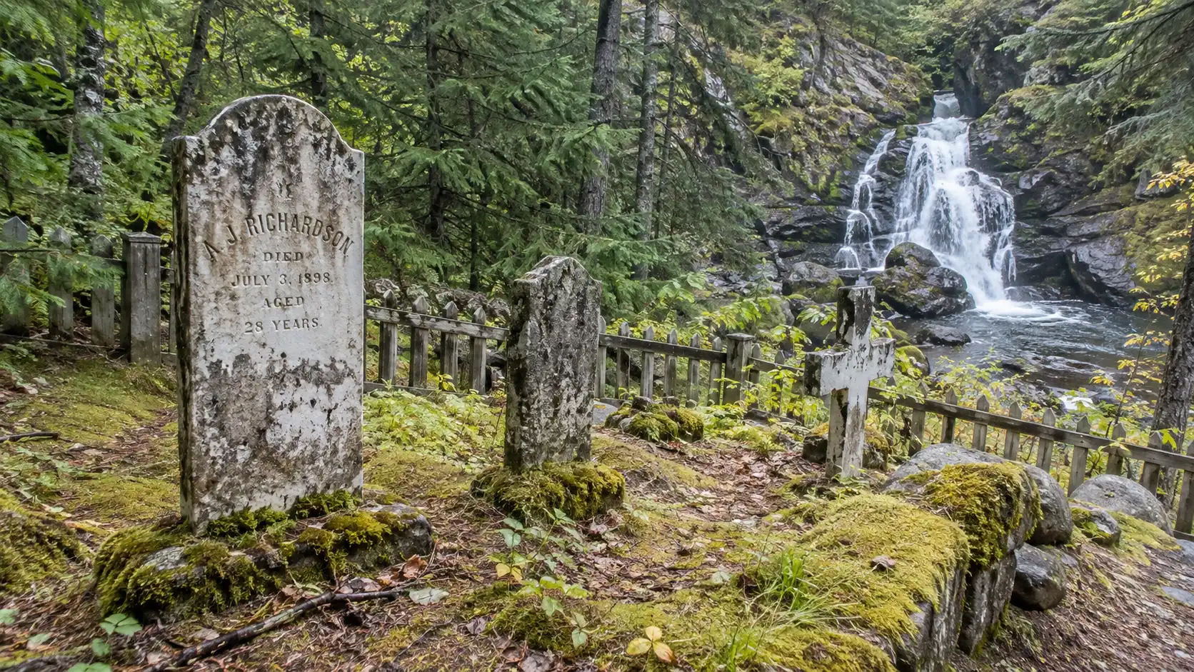 Gold Rush Cemetery and Lower Reid Falls near Skagway