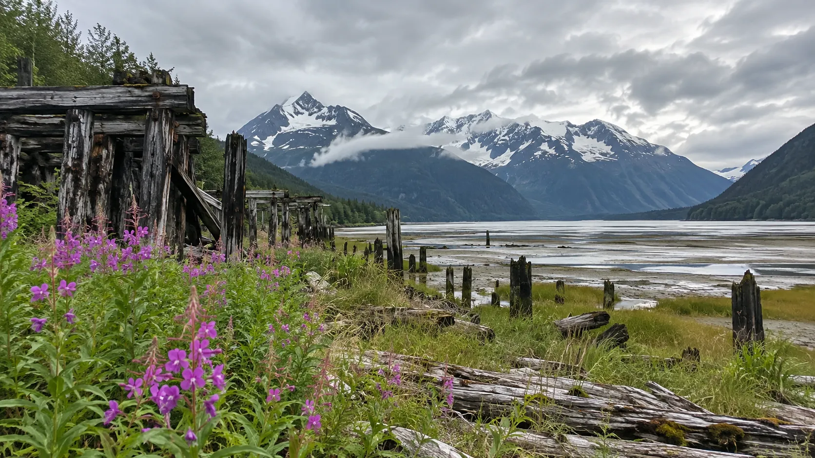 Historic ruins and tidal flats at Dyea Alaska