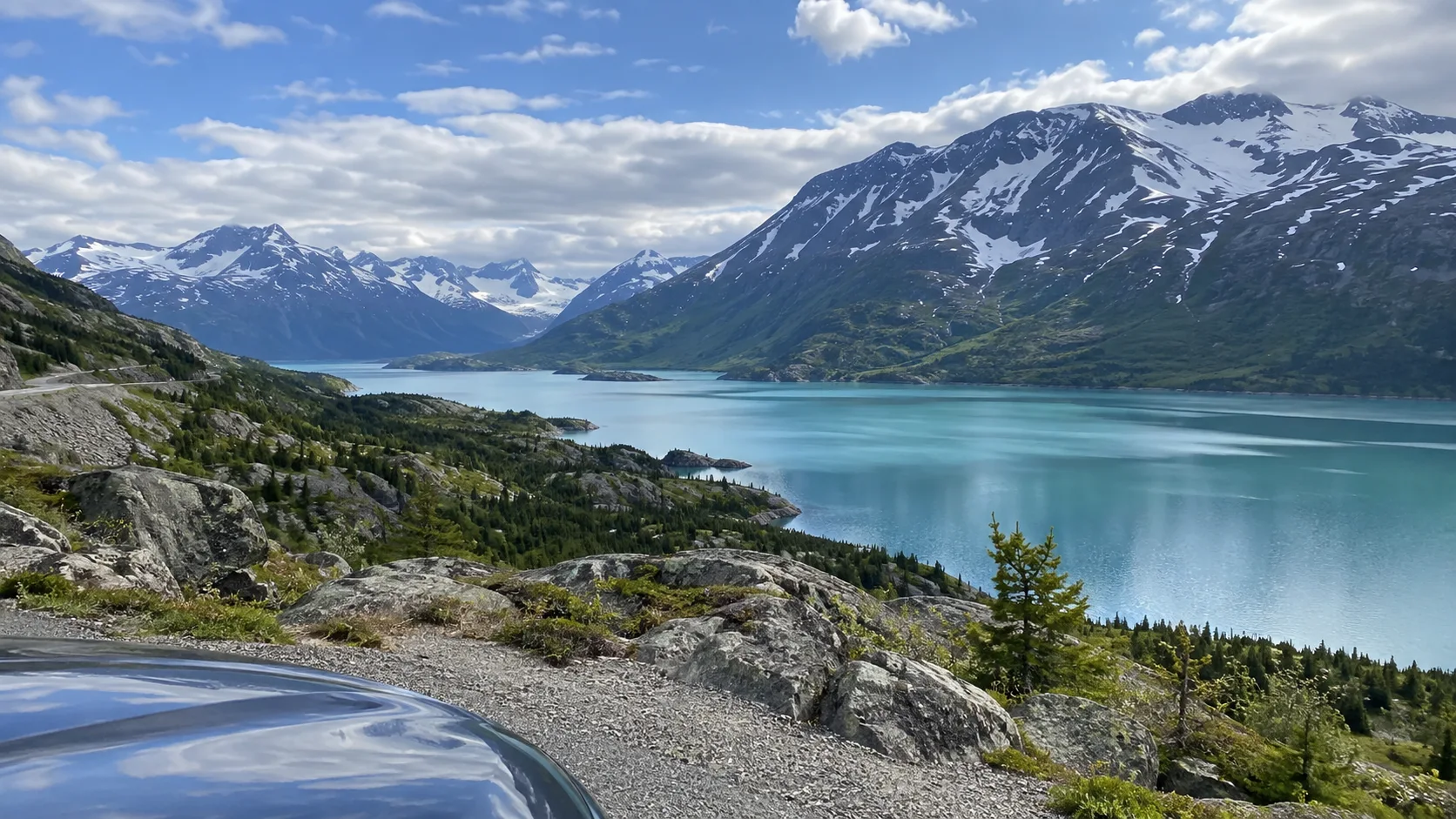 Turquoise mountain lake from the Klondike Highway near Skagway