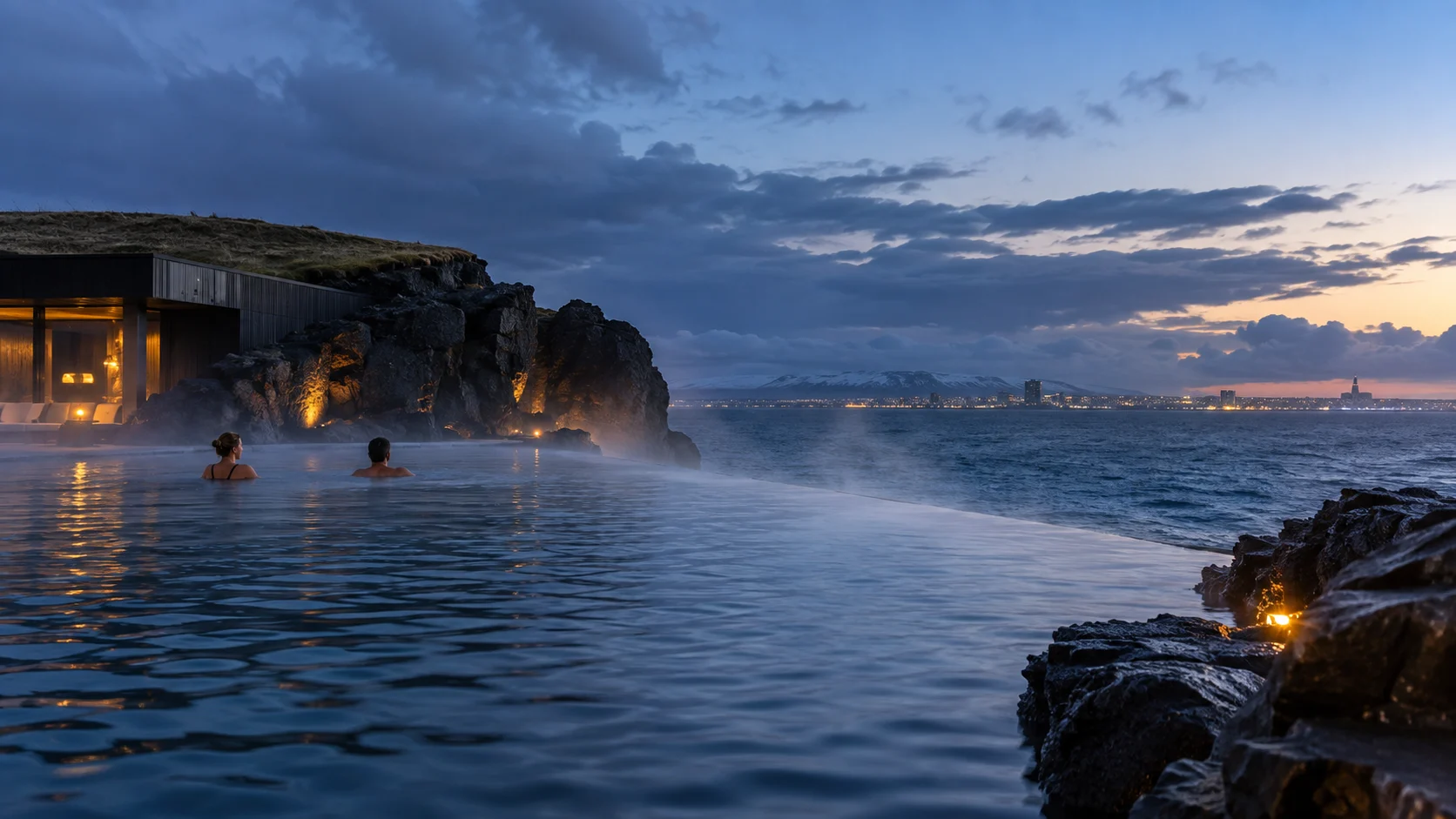 Sky Lagoon infinity pool overlooking the North Atlantic near Reykjavík at dusk