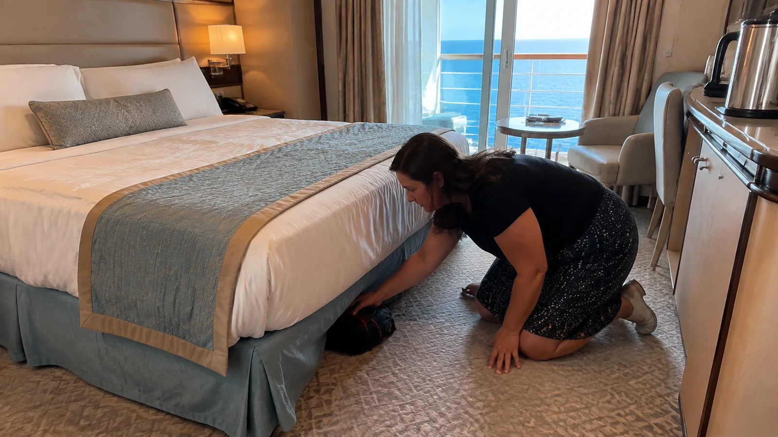 Woman kneels beside a bed to reach a bag underneath.