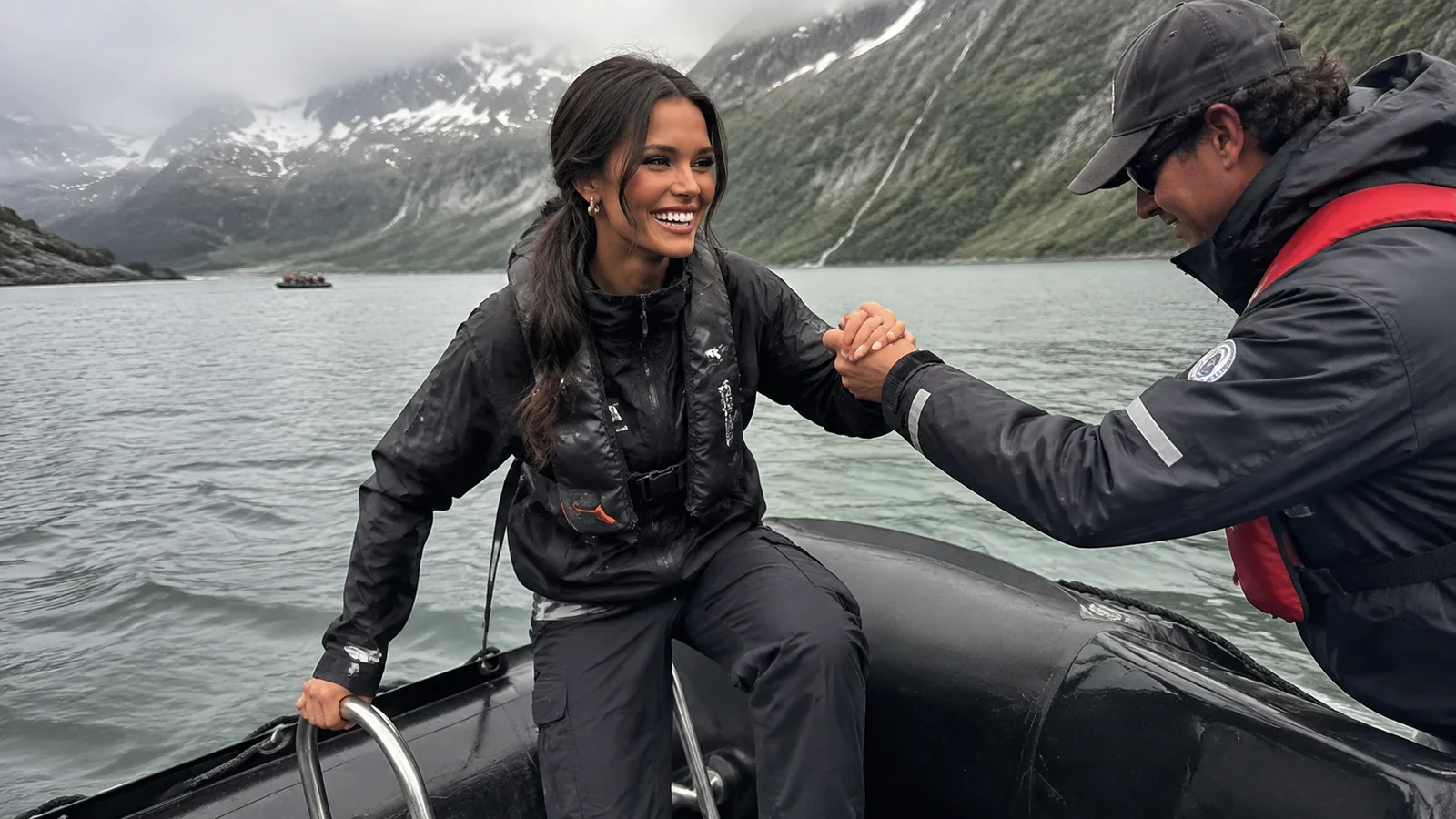 Crew member helping a woman aboard an inflatable boat in a mountain fjord